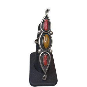 Vintage Old Pawn Navajo Long Tribal Style Ring Red Coral Tigers Eye Stones Sz 8